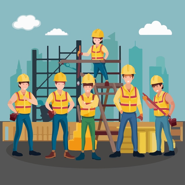 Expert Construction Team Engineers Technicians and Workers Collaborating Cartoon illustration