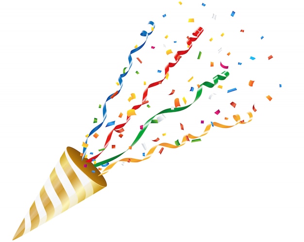 Exploding party popper with confetti and streamer on white background