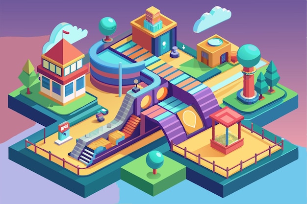 Explore a lively isometric scene featuring colorful buildings pathways and green spaces in a whimsical setting Moving Customizable Isometric Illustration