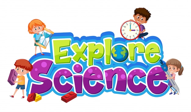 Explore science logo with different kids isolated