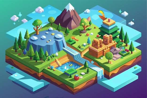 Vector explore a vibrant isometric landscape featuring mountains trees water and lush greenery promoting natures benefits nature benefits customizable isometric illustration