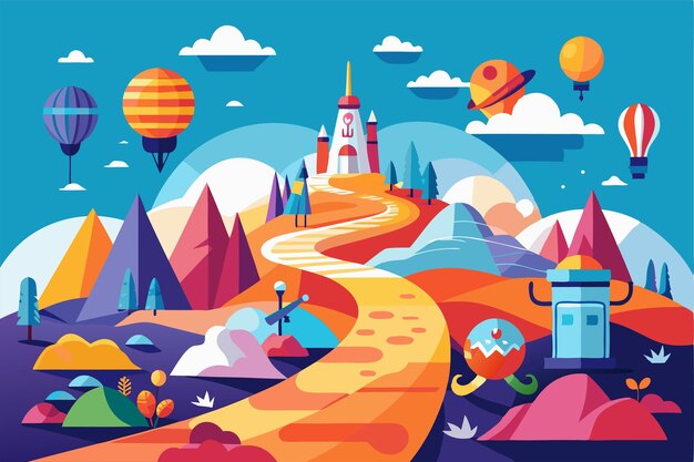 Vector explore a vibrant landscape with a winding path leading to a majestic castle and floating hot air balloons customizable journey illustration with disproportionate elements