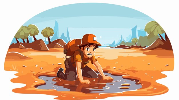 Vector explorer trapped in quicksand cartoon illustration