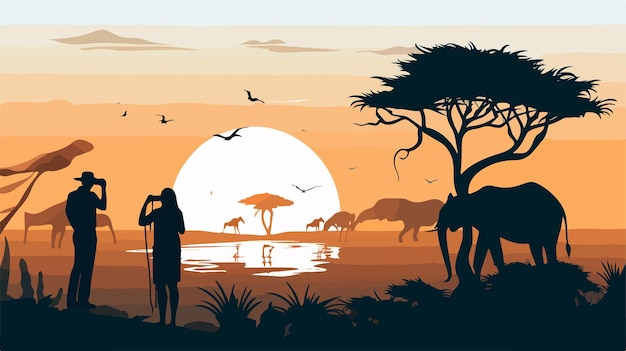 Vector exploring african wildlife zoologists studying nature with man and woman near adventure in savanna