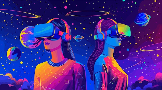 Vector exploring the metaverse virtual reality glass concept with man and woman