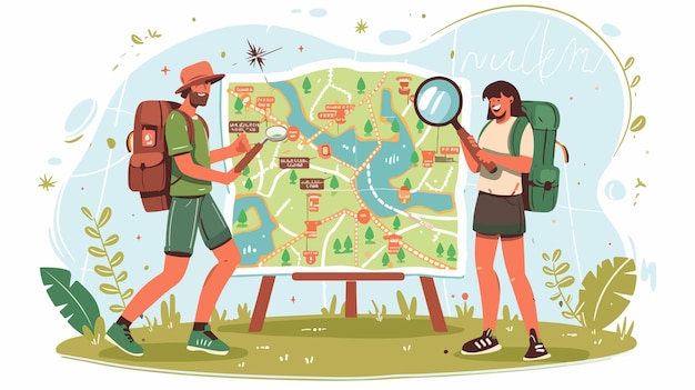 Exploring Tourism Map with Man and Woman Magnifying