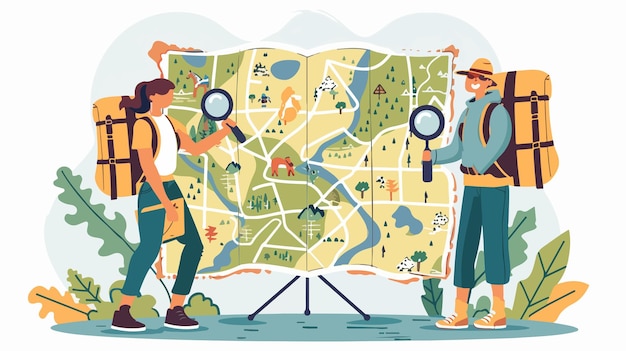 Vector exploring tourism map with man and woman magnifying