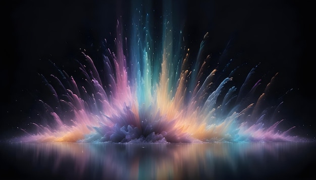 Vector an explosion of vibrant colorful powder against a dark background with a reflection