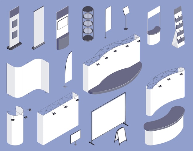 Vector expo stand template isometric set of different information boards screens and booths isolated on lilac background vector illustration