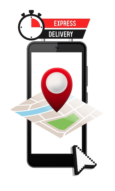 Express delivery concept Smartphone with an open city map and a pin on the map