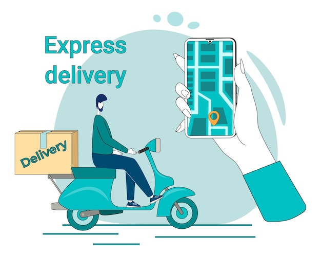 Express delivery A courier on a scooter delivers orders The concept of logistics and online orders