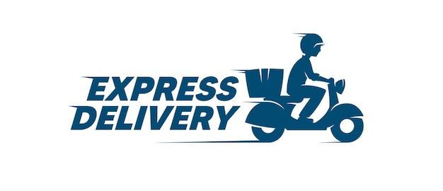 Express delivery label. Courier boy riding motor bike. Vector logo