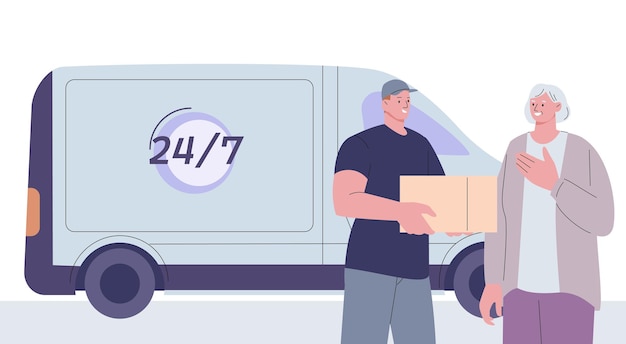 Vector express delivery service round clock shipping company logistic online order and postman with parcel for old woman vector transportation concept