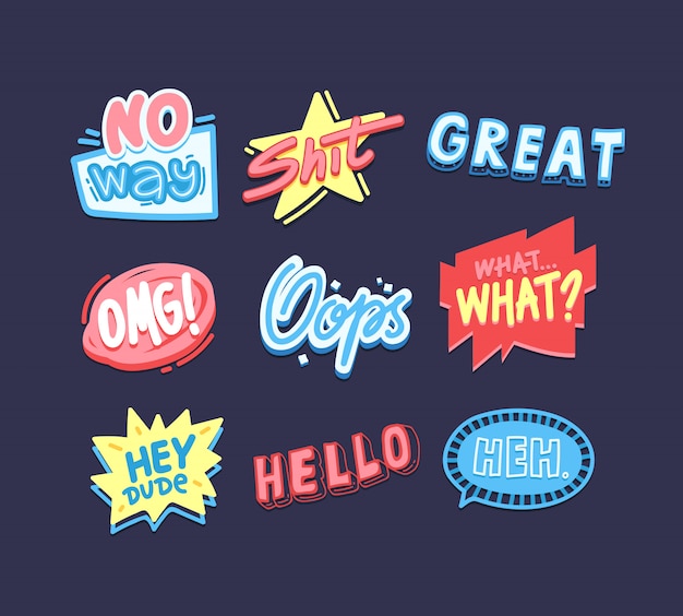 Expressive sayings stickers pack. Creative social media cartoon messages. Hello, oops, OMG letterings  slang phrases collection