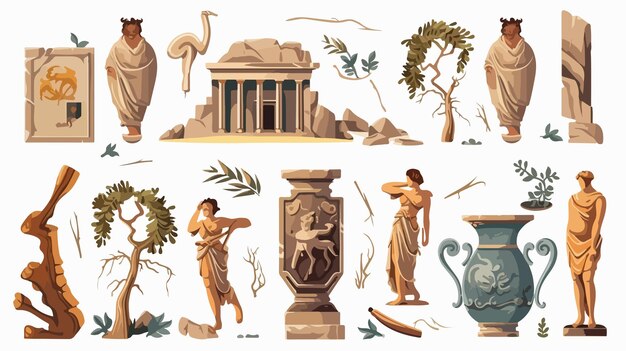 Vector exquisite collection of greek antique statues with elegant broken elements