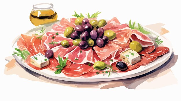 Vector exquisite platter of prosciutto mozzarella olives and wine on a wooden board