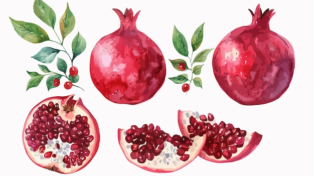 Vector exquisite pomegranate apple watercolor set isolated on white background