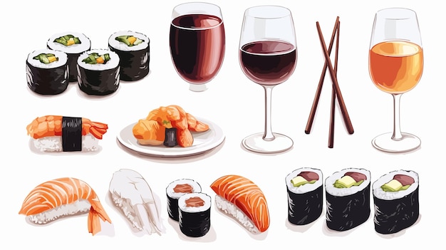 Vector exquisite set of various sushi and chopsticks with wine for gourmet dining experience