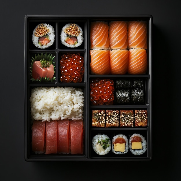 Vector exquisite sushi assortment a gourmet journey through japanese culinary artistry in a bento box