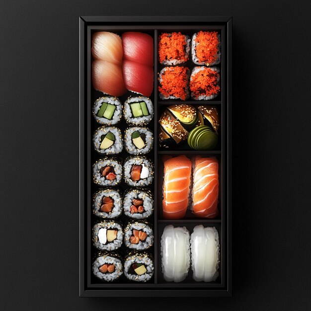 Vector exquisite sushi assortment a gourmet journey through japanese culinary artistry in a bento box