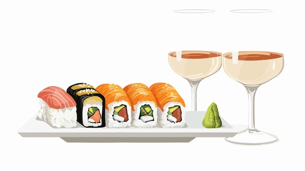 Vector exquisite sushi platter and wine glass presentation