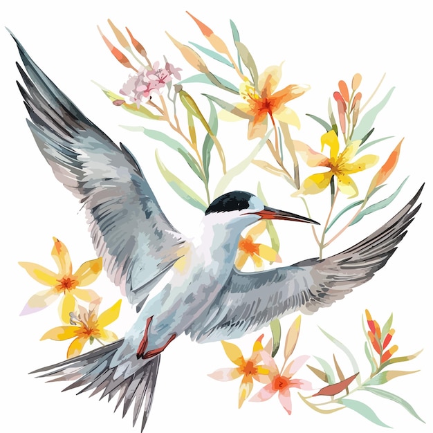 Exquisite Tern Floral Handdrawn Watercolor Illustration Isolated