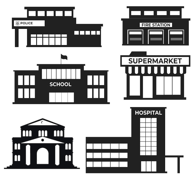 Exterior of city buildings flat set vector Silhouettes