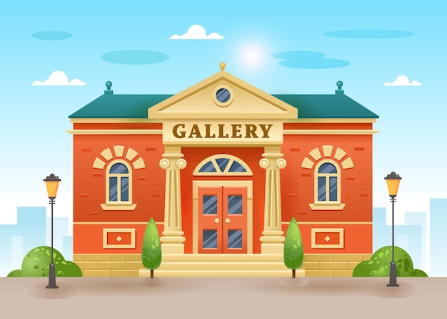 Exterior of a gallery or museum building with title and pillars. Urban architecture Art Museum of Contemporary Painting flat illustration