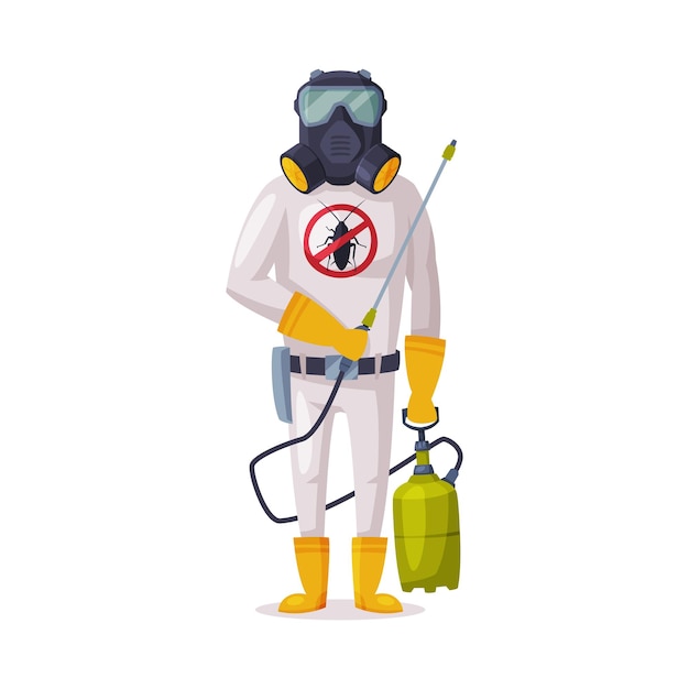 Exterminator Wearing Protection Uniform and Gas Mask with Pressure Sprayer Male Worker of Pest Control Service Vector Illustration