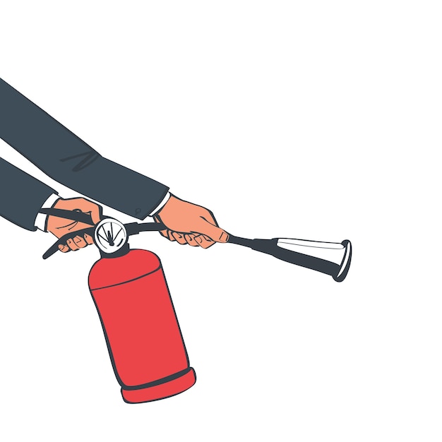 Vector extinguish fire fireman hold in hand fire extinguisher protection from flame foam from nozzle