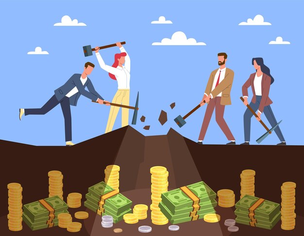 Extraction of money People mining gold coins and stacks of currency treasures underground men and women working with hoes and pickaxes Hard work vector cartoon flat isolated concept