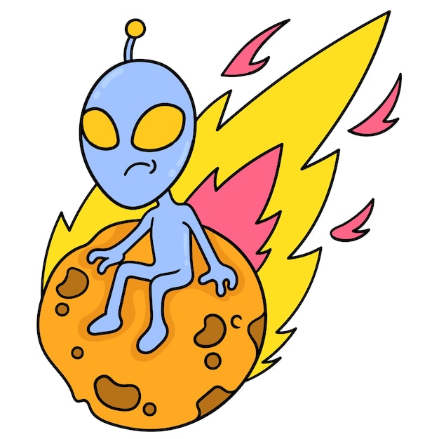 Extraterrestrial aliens fly up on fiery meteors, vector illustration art. doodle icon image kawaii.