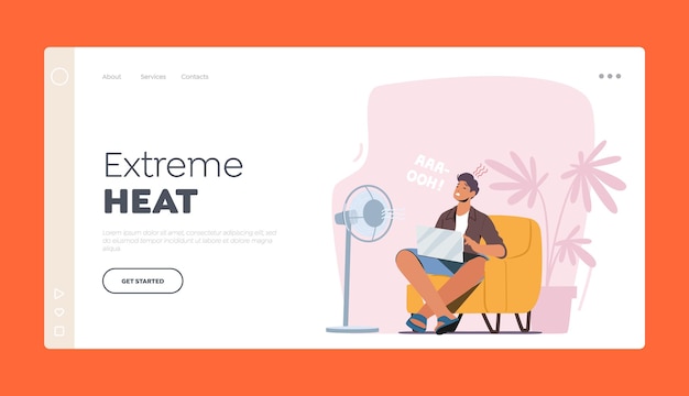 Extreme Heat Landing Page Template Sweltering in Heat Male Character Sitting on Sofa Trying to Work under Fan