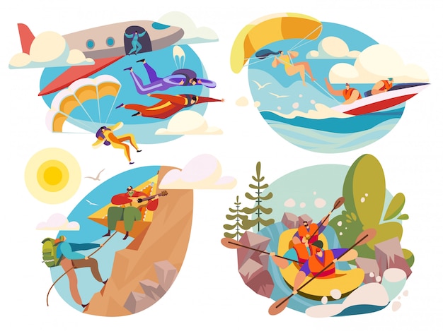 Extreme sport, active people skydiving and rafting,   illustration