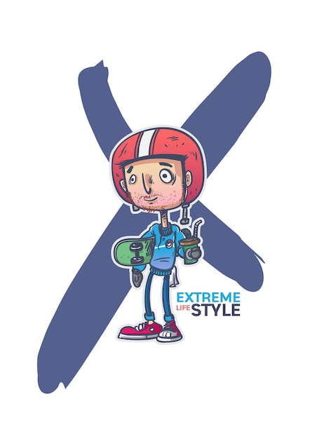 Extreme sport skateboarding man Cartoon character design.