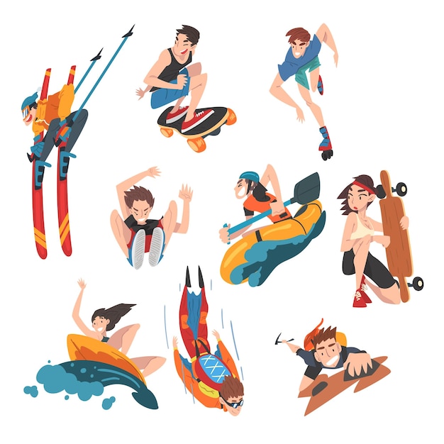 Extreme Sports Set Snowboarding Surfing Skateboarding Skydiving Mountaineering Parasailing Hobbies and Recreational Activities Cartoon Style Vector Illustration