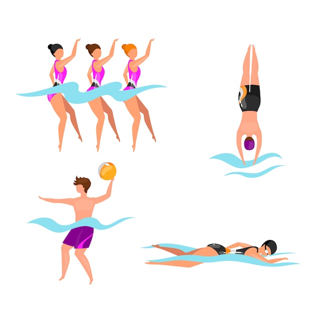 Extreme water sports flat illustrations set. Synchronized swimming athletes. Man playing volleyball in water. Swimmers in pool, sea, ocean. Active lifestyle isolated cartoon characters