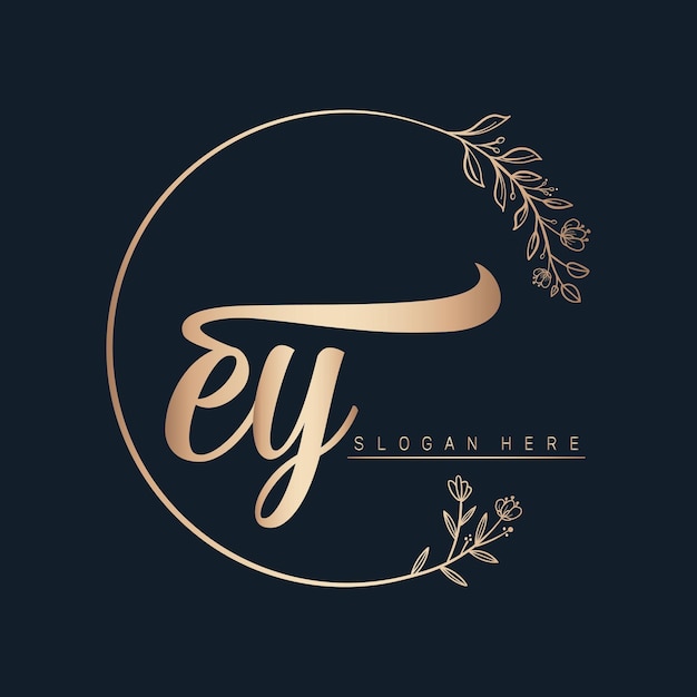 ey calligraphic and signature vector logo design with circle in gold color leaf and flower