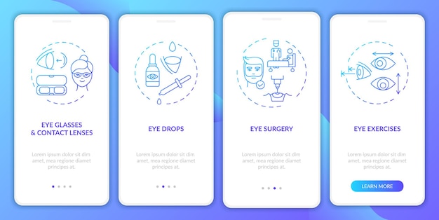 Eye diseases treatment methods onboarding mobile app page screen with concepts r illustrations