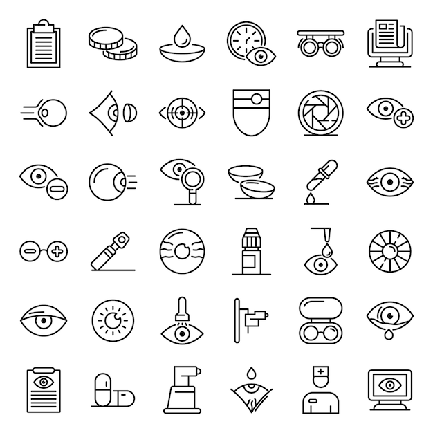 Eye examination icons set, outline style