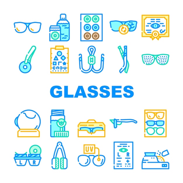 Eye Glasses And Lens Collection Icons Set Vector Glasses Different Frames And Sponges For Cleaning Recipe For Buy Treatment Device Concept Linear Pictograms Contour Color Illustrations