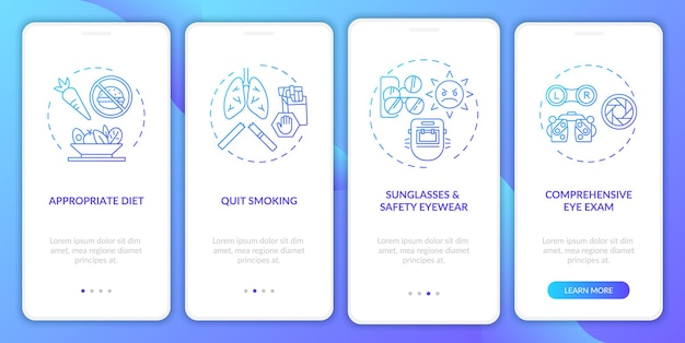 Eye health tips onboarding mobile app page screen with concepts