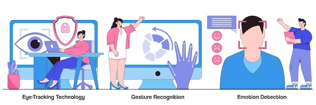 Eye-tracking technology, gesture recognition, emotion detection concept with tiny people. Modern sensor tech vector illustration set. Human-computer and user interface interaction methods metaphor.