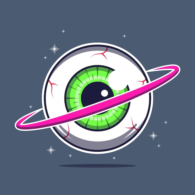 Eyeball planet in space cartoon illustration