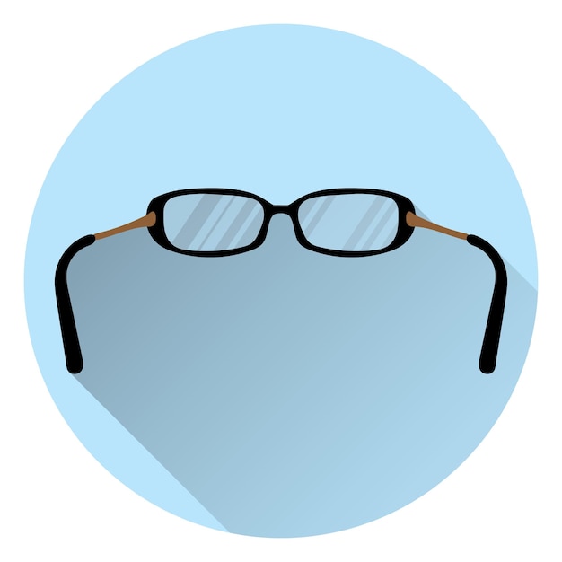 Eyeglasses for vision. On round blue background with shadow. Flat style, icon. 10 eps