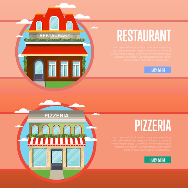 Facade of pizzeria and restaurant banner set