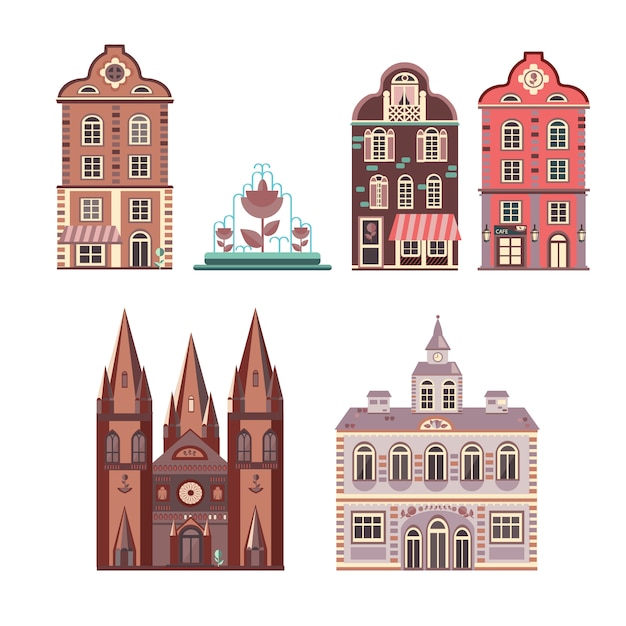 Vector facades of five buildings of european style architecture and cute fountain.