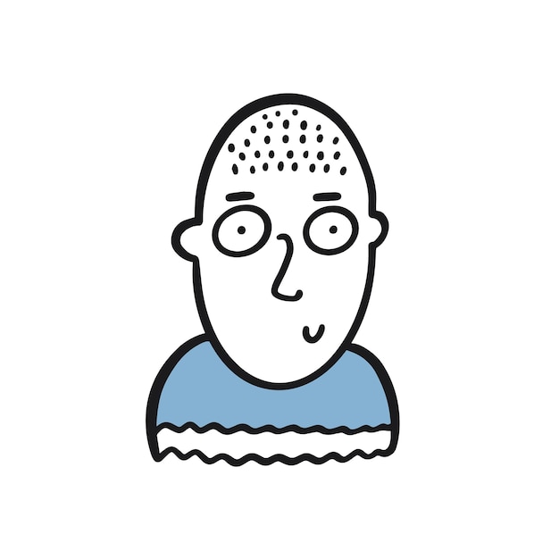 Face of a bald man with glasses. Hand drawn colorful cartoon style.