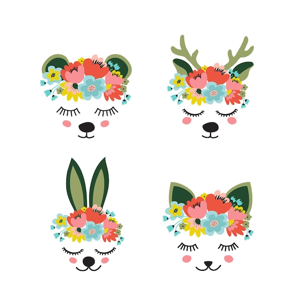 The face of a cute bear deer rabbit cat a wreath of flowers on his head Flat illustration