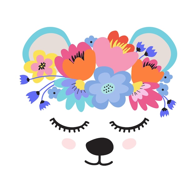 Face of cute bear wreath of flowers on his head Vector illustration on a white background